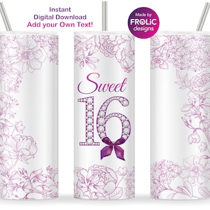 Sweet 16 Tumbler Wrap 16. Geburtstag Mädchen Sublimation Sechzehnter Geburtstag 20 Unzen Skinny Lila Tumbler Wrap sofort Download