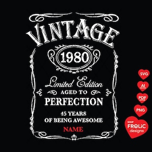 45th Birthday SVG Vintage 1980 SVG Limited Edition SVG 1980 Aged to Perfection Whisky 45th Birthday men Classic Birthday Shirt, Download
