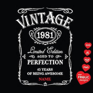 SVG para o 45º aniversário, SVG vintage de 1981, SVG de edição limitada 1981 Whisky Envelhecido à Perfeição Camiseta clássica de aniversário para homens, Download