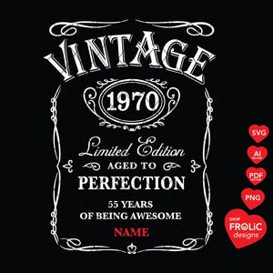 55e verjaardag SVG Vintage 1970 SVG Limited Edition Svg Aged to Perfection SvG Whisky 55e verjaardag mannen SVG, klassiek verjaardagsshirt, downloaden