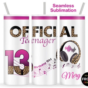 offizielle Teenager Sublimation Leopard Print Pink Design 13.Geburtstagskind, 20 Unzen Skinny Tumbler Wrap, Geburtstagskuchen Design, sofort Download