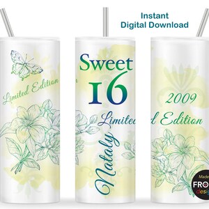 Sweet 16 Tumbler Wrap 2009 Limited Edition 2009 16th Birthday Girl 20 Unzen Skinny Tumbler Wrap, Instant Download Grün Design