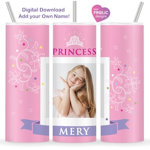 Photo Tumbler for girl, Template Princess Tumbler Wrap, Add your OWN photo and name, Birthday Girl Gift, 20oz Skinny Tumbler Wrap, Download