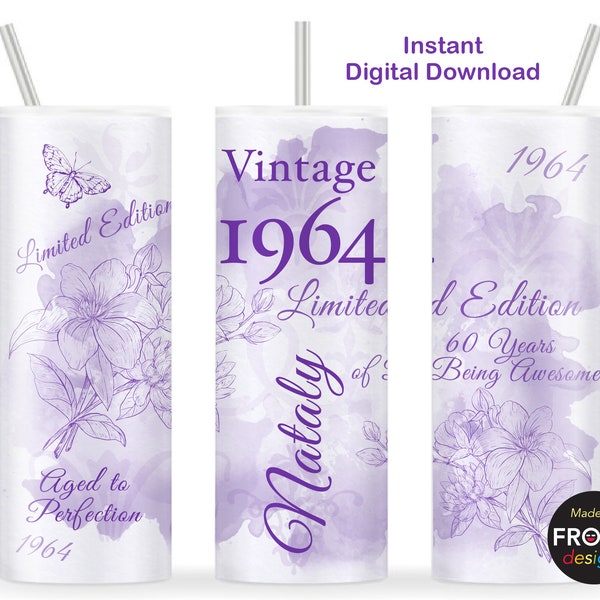Vintage 1964 60th Birthday Tumbler Wrap, 1964 Limited edition Aged to Perfection, 60 Years old, 20oz Skinny Tumbler Sublimation Birthday MOM