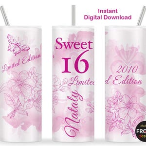 Sweet 16 Tumbler Wrap | 2010  Limited Edition, Hot Pink Floral Design (Digital Download)  20oz Skinny Sublimation, Sweet 16 gifts for girls