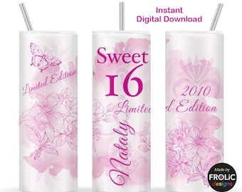 Sweet 16 Tumbler Wrap | 2010  Limited Edition, Hot Pink Floral Design (Digital Download)  20oz Skinny Sublimation, Sweet 16 gifts for girls