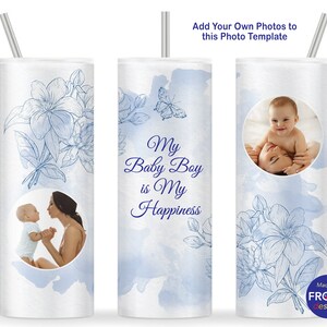 Papier d'emballage fleur de naissance, mon bébé, c'est mon bonheur, design de gobelet avec photo de famille, ajoutez vos PROPRES photos, papier d'emballage skinny 20 oz, téléchargement