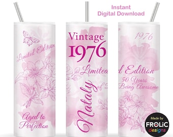 Vintage 1976 50th Birthday Lady Hot Pink Seamless Sublimation 1976 Limited edition 1976 Aged to Perfection 20oz Skinny Tumbler Wrap Download
