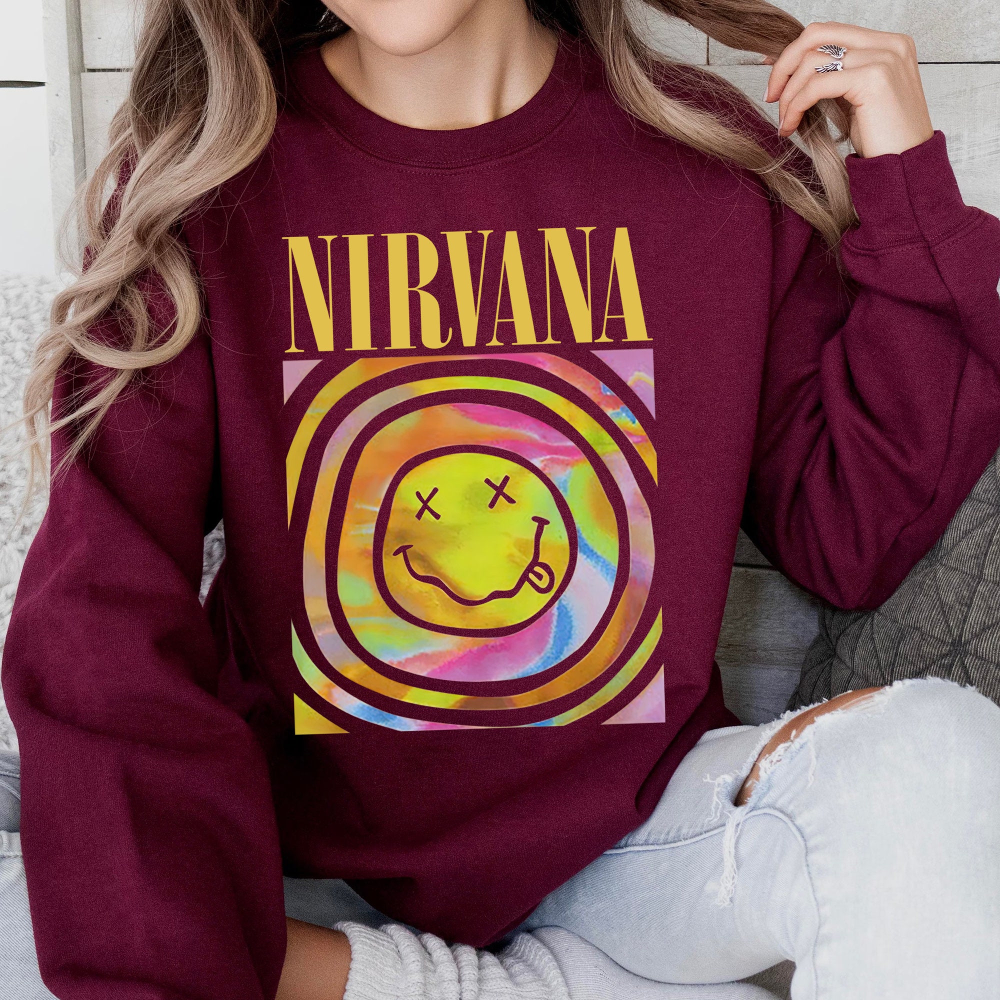 Nirvana Smile Face Overdyed Sweatshirt Preppy Shirt 90s Etsy