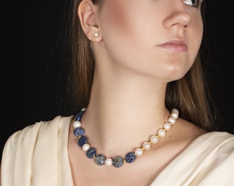 Lapis Lazuli, Gold Plated Beads ,  Pearl Necklace