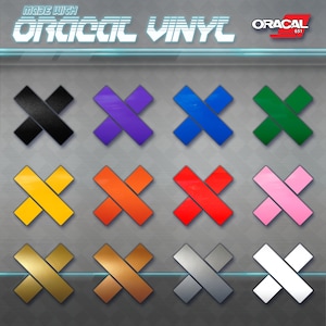 May include: A chart of 12 different colored vinyl cross shapes. The vinyl is made with Oracal 651 vinyl. The colors are black, purple, blue, green, yellow, orange, red, pink, gold, copper, silver, and white.