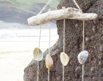 Beachcombed Rustic Seashell Mobile - Wall Hanging Sea Shell, Driftwood, Sea Glass, Pebble, Jute, Recyled Natural