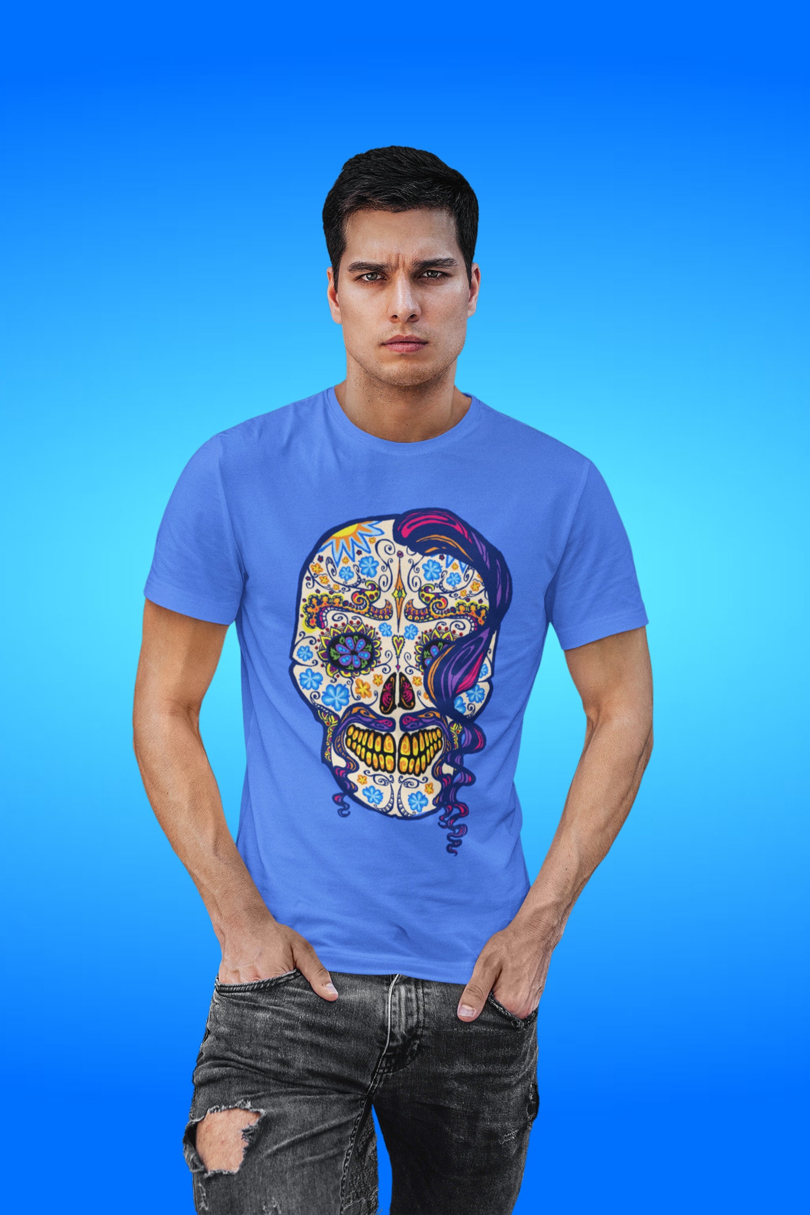 Large Sugar Skull Wall Art Floral Skull Embroidery Design PNG Etsy