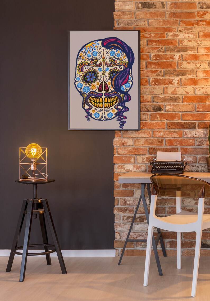 Large Sugar Skull Wall Art Floral Skull Embroidery Design PNG Etsy