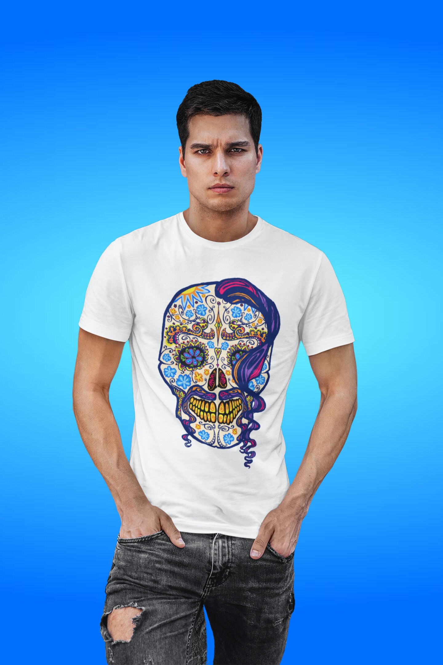 Large Sugar Skull Wall Art Floral Skull Embroidery Design PNG Etsy