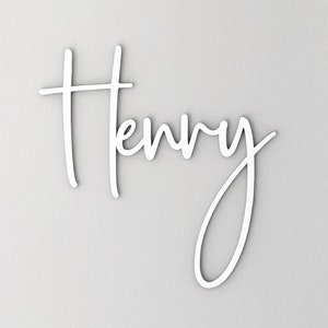 A personalised wooden name sign in a handwritten calligraphy design, in this example for Henry. The name is cut from birch plywood in our Ash font.  The wooden name is shown painted in white mounted on a grey wall.