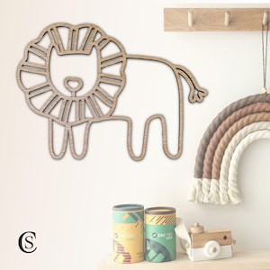 Art mural lion, décoration de chambre d&#39;enfant safari | Chambre de bébé sur le thème de la jungle | En bois