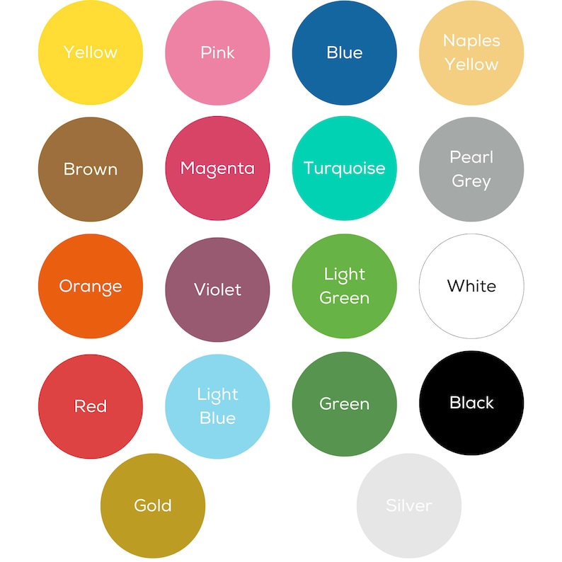 The Crafting Studio paint choice. 18 circles of 18 varieties of water based paint colour. Yellow, Pink, Blue, Naples Yellow, Brown, Magenta, Turquoise, Pearl Grey, Orange, Violet, Light Green, Green, White, Red. Light Blue, Black, Gold and Silver