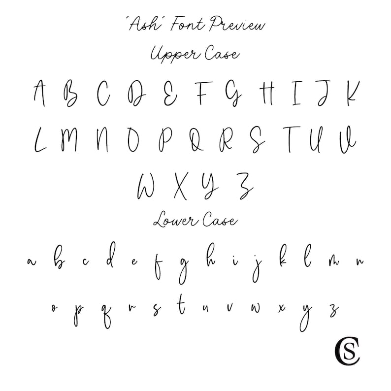 The Crafting Studio Font Preview Page showing uppercase and lowercase letters of the alphabet in our Ash Font.