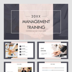 Puede incluir: Una plantilla de presentación para la formación en gestión con un esquema de color rosa y gris. La plantilla presenta una foto de un grupo de personas con las manos entrelazadas, simbolizando el trabajo en equipo. El texto "20XX FORMACIÓN EN GESTIÓN PLANTILLA DE PRESENTACIÓN" se muestra en una fuente en negrita sin serifas.