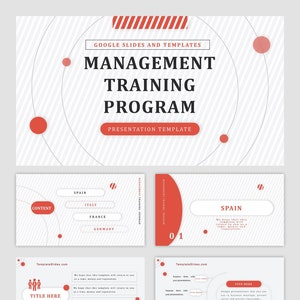 May include: A presentation template for a management training program. The template has a red and white striped background with circles and a title that reads "Management Training Program". The template also includes a content section with a list of countries: Spain, Italy, France, and Germany.