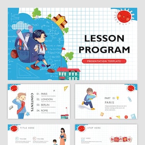 Può includere: Un modello di presentazione con un'illustrazione di un cartone animato di uno studente che porta uno zaino e dei libri. Il modello è intitolato "Programma di lezione" e include sezioni per contenuti, parti e passaggi. Il modello è progettato per l'uso in riunioni di lavoro, nel settore privato e nelle aule private.