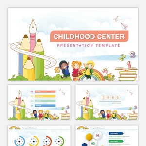 Könnte beinhalten: Eine farbenfrohe Präsentationsvorlage für ein Kindertagesstättenzentrum. Die Vorlage zeigt eine Cartoon-Illustration von Kindern, die auf einem Regenbogen mit Bleistiften und Büchern spielen. Der Text "Kindertagesstättenzentrum" und "Präsentationsvorlage" wird in einem rosa Banner angezeigt.