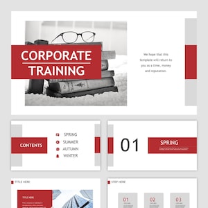May include: A corporate training presentation template with a red and white color scheme. The template includes a title slide with a stack of books and glasses, a contents slide with a list of topics, and a step-by-step guide with numbered steps.