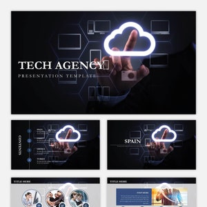 Op de afbeelding: Een presentatiesjabloon voor een tech-bureau met een wolkpictogram en een hand die ernaar reikt. De sjabloon heeft een donkere achtergrond met een zeshoekig patroon en de tekst "TECH AGENCY" en "PRESENTATION TEMPLATE".