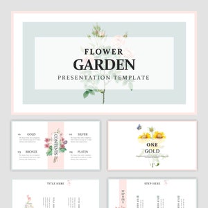 Könnte beinhalten: Eine Präsentationsvorlage mit floralem Thema. Die Titelfolie zeigt eine Aquarell-Illustration von rosa Rosen mit grünen Blättern. Der Text "FLOWER GARDEN PRESENTATION TEMPLATE" wird in schwarzer Schrift angezeigt. Die folgenden Folien zeigen verschiedene florale Illustrationen, darunter Sonnenblumen, Schmetterlinge und ein Parfümflakon. Der Text "CONTENTS" wird in einem rosa Kasten mit floralem Rand angezeigt. Der Text "ONE GOLD" wird in einem weißen Kasten mit floralem Rand angezeigt. Der Text "STEP HERE" wird in einem weißen Kasten mit floralem Rand angezeigt.