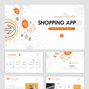 Puede incluir: Una plantilla de presentación de Google Slides para una aplicación de compras. La plantilla presenta un fondo blanco con flechas y círculos naranjas, y el texto "SHOPPING APP" en una fuente grande y en negrita. La plantilla está diseñada para ser utilizada para presentaciones sobre compras en línea, comercio electrónico y aplicaciones móviles.