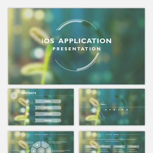Könnte beinhalten: Eine Präsentationsvorlage mit verschwommenem Hintergrund und dem Text "iOS APPLICATION PRESENTATION". Die Folien enthalten Abschnitte für Inhalte, Frühling, Sommer, Herbst und Winter. Zusätzliche Folien haben den Text "Teil I FRÜHLING" und "TITEL HIER."