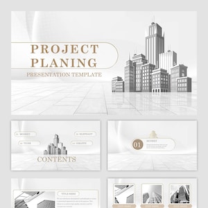 Può includere: Un modello di presentazione con uno sfondo di città. Il modello ha una diapositiva di titolo con il testo "Project Planning Presentation Template". La diapositiva successiva ha il testo "Contents" e un elenco di quattro elementi: Monkey, Tiger, Elephant e Giraffe. La terza diapositiva ha il testo "Step Here" e un'immagine di una città. La quarta diapositiva ha il testo "Title Here" e un'immagine di una città.
