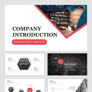 Puede incluir: Una plantilla de presentación con una foto en blanco y negro de un horizonte urbano. La plantilla tiene un esquema de color rojo y blanco e incluye el texto "Presentación de la empresa" y "Plantilla de presentación".