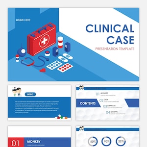 May include: A presentation template for clinical cases with a blue and white background. The template features a red first aid kit, a stethoscope, pills, and other medical supplies. The template also includes a table of contents with four sections: Monkey, Lion, Elephant, and Giraffe. The template is designed to help healthcare professionals present clinical cases in a clear and concise way.
