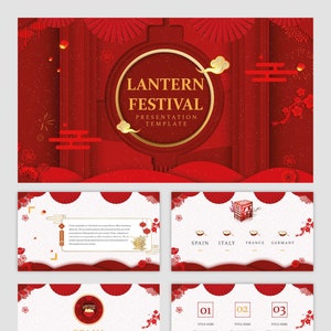 Puede incluir: Una plantilla de presentación para el Festival de las Linternas. La plantilla presenta un esquema de color rojo y dorado con linternas chinas tradicionales, flores y abanicos. El texto "Lantern Festival Presentation Template" se muestra en un círculo dorado.