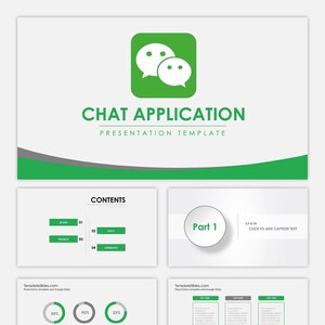 Könnte beinhalten: Eine Präsentationsvorlage für eine Chat-Anwendung. Die Vorlage enthält ein grünes Symbol mit zwei Sprechblasen, die Wörter "Chat-Anwendung" und "Präsentationsvorlage" sowie eine Inhaltsfolie mit den Wörtern "Spanien", "Italien", "Frankreich" und "Deutschland".