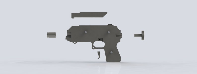 K&ouml;nnte beinhalten: Explosionsansicht einer grauen Handfeuerwaffe, mit ihren getrennten Komponenten. Die Teile umfassen Rahmen, Schlitten, Lauf und andere interne Komponenten, alle in monochromem Grau dargestellt.