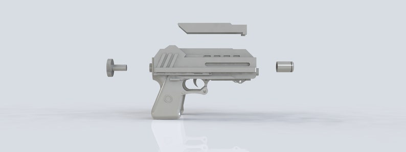 K&ouml;nnte beinhalten: Eine zerlegte, hellgraue Pistole mit futuristischem Design. Die Komponenten sind um den Hauptk&ouml;rper angeordnet, darunter ein Oberteil, ein Zylinder und ein Stift. Die Pistole verf&uuml;gt &uuml;ber einen Abzug und einen Griff.