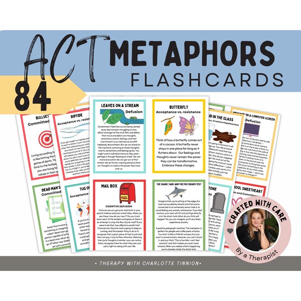 ACT Metaphor flashcards, ACT therapy, Psychological Flexibility, Act Hexaflex, Acceptance and commitment therapy metaphors, Anxiety relief