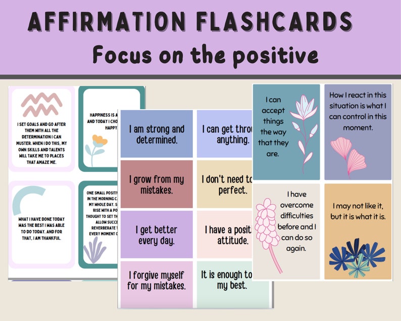 May include: A set of 12 affirmation flashcards with colorful backgrounds and illustrations. The cards feature positive affirmations such as "I am strong and determined" and "I grow from my mistakes".