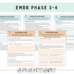May include: A printable worksheet with the title "EMDR Phase 3-4" and the text "Desensitization Phase" repeated three times. The worksheet is divided into three sections, each with a different color background. The sections are labeled "Beginning Processing First Set", "Continuing Processing", and "Assessment Phase". Each section includes a list of questions and instructions for the user to follow.