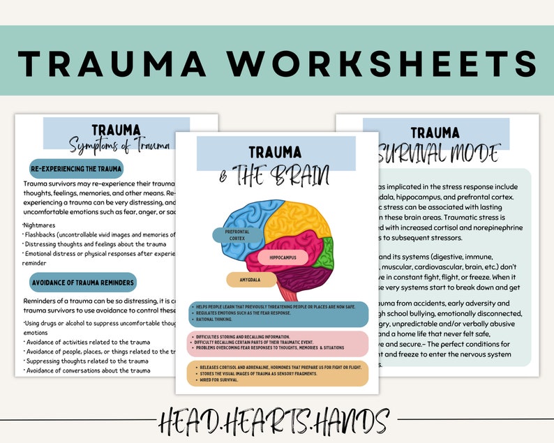 Puede incluir: Tres hojas de trabajo ilustradas sobre el trauma, centradas en los s&iacute;ntomas, el cerebro y el modo de supervivencia. Las hojas de trabajo presentan ilustraciones coloridas de un cerebro y texto que explica el impacto del trauma en el cuerpo y la mente.