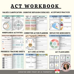 Può includere: Un quaderno di lavoro ACT con sezioni su chiarimento dei valori, defusione cognitiva e pratiche di accettazione. Include attività di consapevolezza, pianificazione dell'azione impegnata e fogli di lavoro riflessivi.