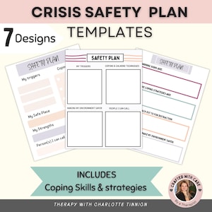 May include: Seven printable crisis safety plan templates with colorful borders. The templates include sections for identifying triggers, coping strategies, making the environment safer, and people to call.