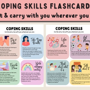 May include: Colorful flashcards with illustrations and text, designed to help manage stress and anxiety. Each card features a coping skill, such as "Stop & Listen", "Take Deep Breaths", "Listen to Music", "Get Moving", "Favorite Place", "Write a Happy Ending", "Think About What It Is", and "Talk About It".