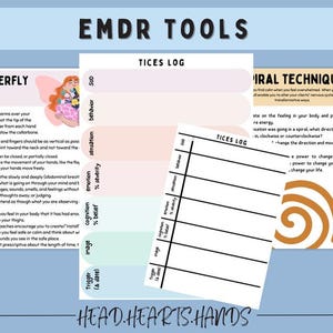 Puede incluir: Una hoja de trabajo imprimible con el t&iacute;tulo "EMDR Tools" que incluye dos secciones: "Butterfly Hug" y "T&eacute;cnica Espiral". La secci&oacute;n "Butterfly Hug" incluye una lista de pasos para una t&eacute;cnica de autocalma. La secci&oacute;n "T&eacute;cnica Espiral" incluye un gr&aacute;fico en espiral e instrucciones para un ejercicio de visualizaci&oacute;n.