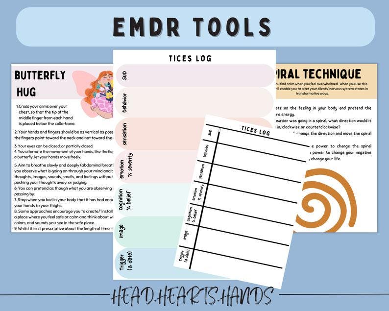 Puede incluir: Una hoja de trabajo imprimible con el t&iacute;tulo "EMDR Tools" que incluye dos secciones: "Butterfly Hug" y "T&eacute;cnica Espiral". La secci&oacute;n "Butterfly Hug" incluye una lista de pasos para una t&eacute;cnica de autocalma. La secci&oacute;n "T&eacute;cnica Espiral" incluye un gr&aacute;fico en espiral e instrucciones para un ejercicio de visualizaci&oacute;n.