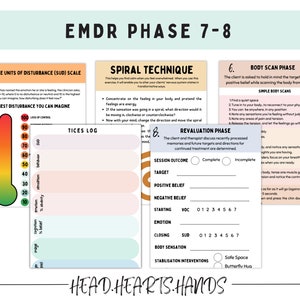 May include: A colorful chart with the title "EMDR Phase 7-8" and a section titled "Subjective Units of Disturbance (SUD) Scale". The chart includes a thermometer-like scale with numbers from 0 to 100, and a section titled "Tices Log". The chart also includes a section titled "Spiral Technique" with instructions on how to use the technique. The chart also includes a section titled "Body Scan Phase" with instructions on how to perform a body scan.