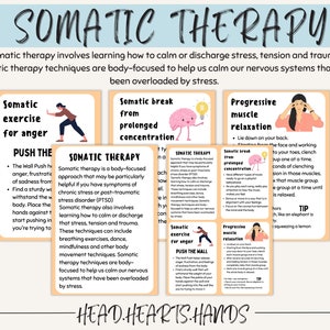 Puede incluir: Tres tarjetas ilustradas con informaci&oacute;n sobre t&eacute;cnicas de terapia som&aacute;tica. La primera tarjeta muestra a una persona empujando contra una pared y se titula "Ejercicio som&aacute;tico para la ira". La segunda tarjeta muestra un cerebro con una bombilla y se titula "Pausa som&aacute;tica de concentraci&oacute;n prolongada". La tercera tarjeta muestra a una persona haciendo un ejercicio de relajaci&oacute;n muscular y se titula "Relajaci&oacute;n muscular progresiva".